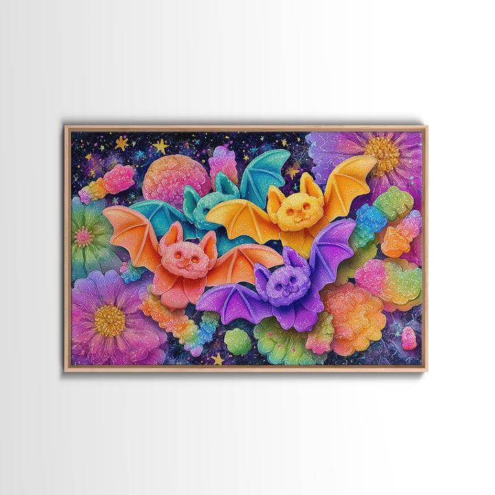 The Gummy Bat Garden, 80s Halloween Wall Art, Landscape Wall Art, Framed Canvas Print, Retro Halloween Decor, Neon Wall Art
