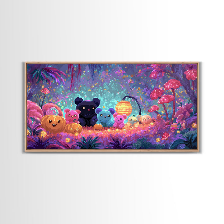 The Gummy Bat Garden, 80s Halloween Wall Art, Wide Panoramic Art, Framed Canvas Print, Retro Halloween Decor, Neon Wall Art