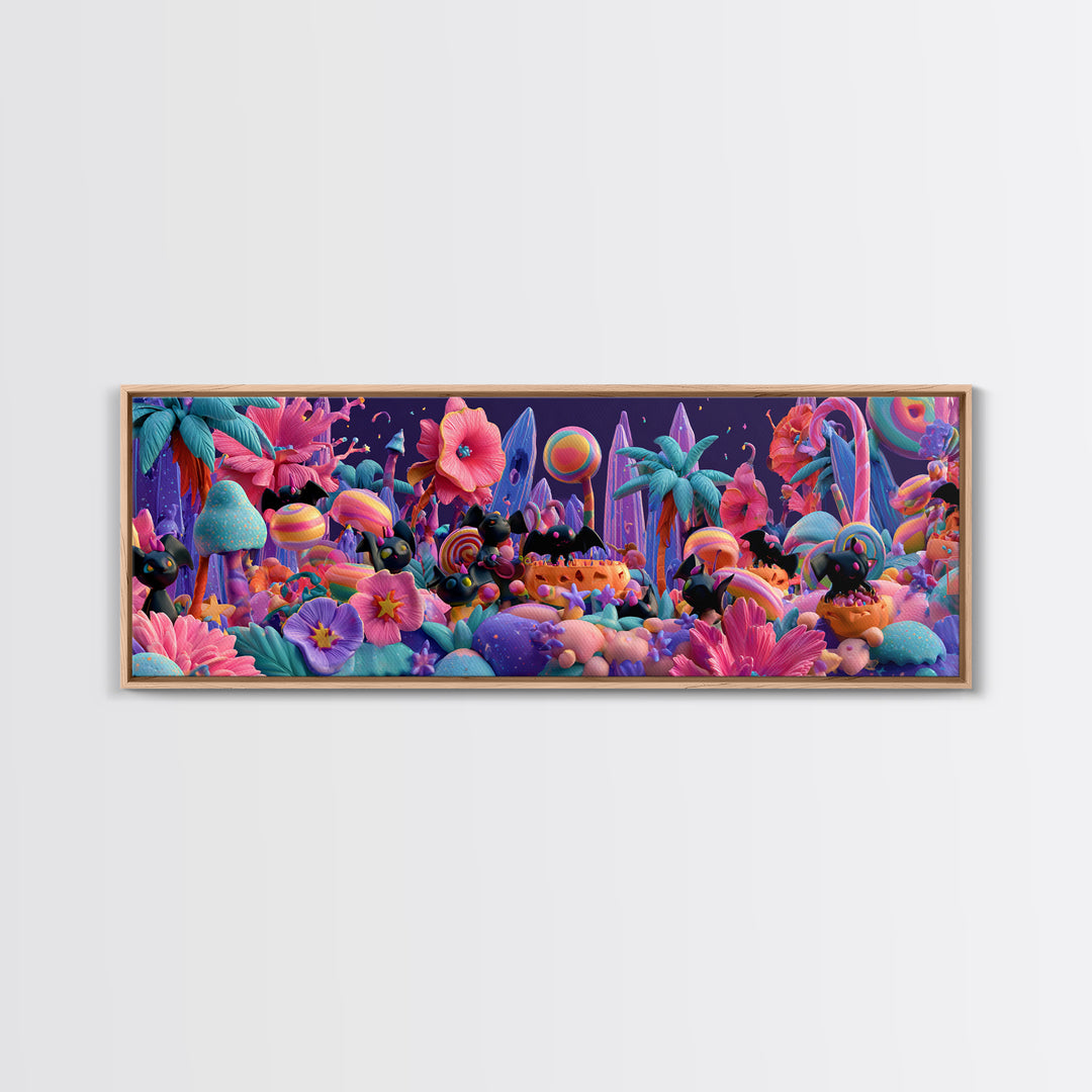 The Gummy Bat Garden, Cute Spooky Neon Art, Extra Wide Wall Art, Canvas Print, Retro Halloween Decor, Neon Wall Art, Horror Wall Art