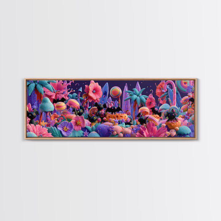 The Gummy Bat Garden, Cute Spooky Neon Art, Extra Wide Wall Art, Canvas Print, Retro Halloween Decor, Neon Wall Art, Horror Wall Art