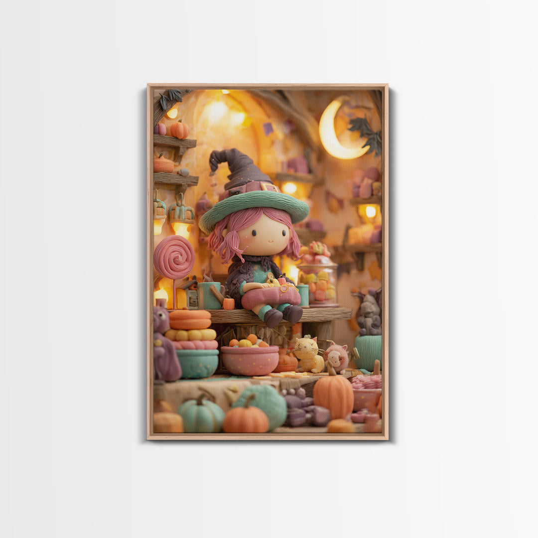 The Candy Witch'S Kitchen, Cute Spooky Neon Art, Vertical Wall Art, Framed Canvas Print, Retro Halloween Decor, Neon Wall Art