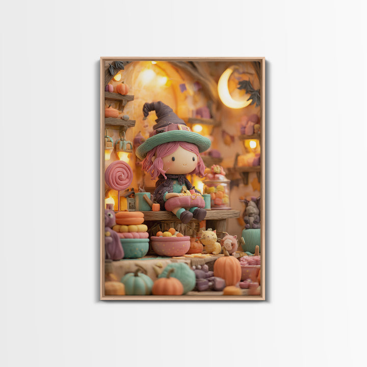The Candy Witch'S Kitchen, Cute Spooky Neon Art, Vertical Wall Art, Framed Canvas Print, Retro Halloween Decor, Neon Wall Art