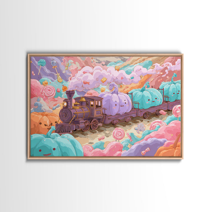 The Chocolate Pumpkin Train, 80s Halloween Wall Art, Landscape Wall Art, Framed Canvas Print, Retro Halloween Decor, Neon Wall Art