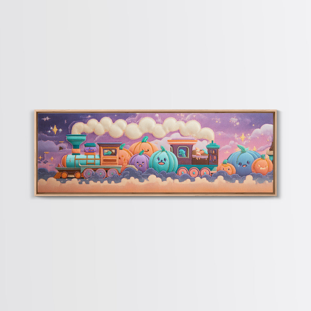 The Chocolate Pumpkin Train, 80s Halloween Wall Art, Extra Wide Wall Art, Framed Canvas Print, Retro Halloween Decor, Neon Wall Art