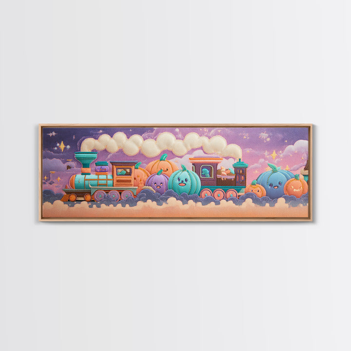 The Chocolate Pumpkin Train, 80s Halloween Wall Art, Extra Wide Wall Art, Framed Canvas Print, Retro Halloween Decor, Neon Wall Art