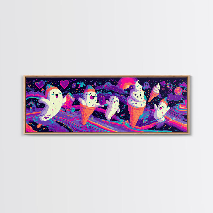 The Ice-Cream Ghost Parade, Retro Neon Halloween Art, Extra Wide Wall Art, Framed Canvas Print, Retro Halloween Decor, Neon Wall Art
