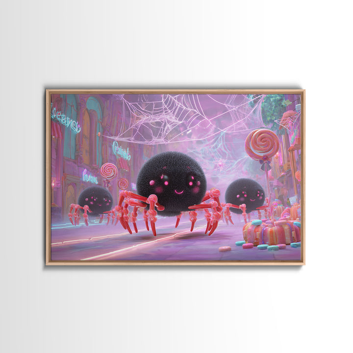 The Licorice Spider Family, Vaporwave Halloween Decor, Landscape Wall Art, Canvas Print, Retro Halloween Decor, Neon Wall Art
