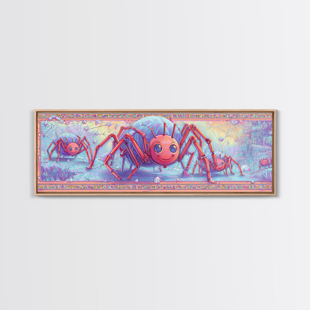The Licorice Spider Family, Cute Spooky Neon Art, Extra Wide Wall Art, Framed Canvas Print, Retro Halloween Decor, Neon Wall Art