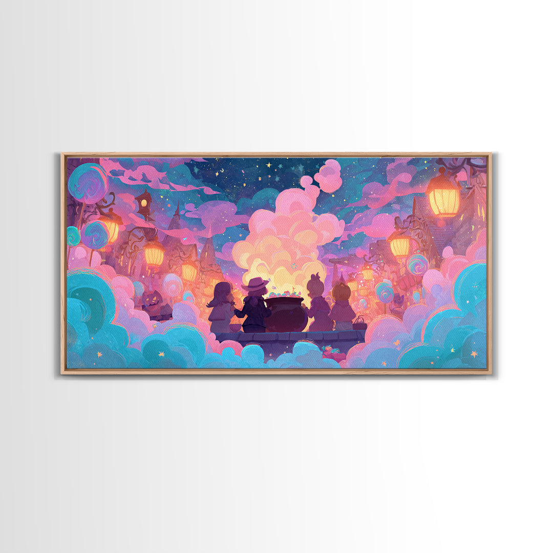 The Cotton-Candy Cauldron, Retro Neon Halloween Art, Wide Panoramic Art, Canvas Print, Retro Halloween Decor, Neon Wall Art