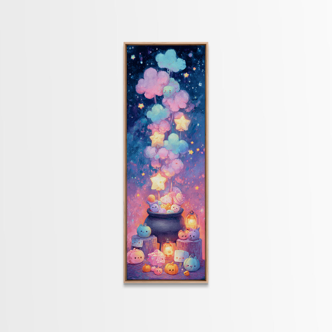 The Cotton-Candy Cauldron, Retro Neon Halloween Art, Tall Narrow Wall Art, Canvas Print, Retro Halloween Decor, Neon Wall Art