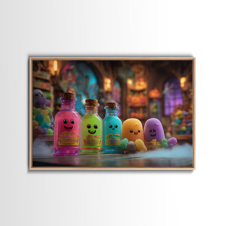 The Jellybean Potion Shop, Retro Neon Halloween Art, Landscape Wall Art, Canvas Print, Retro Halloween Decor, Neon Wall Art