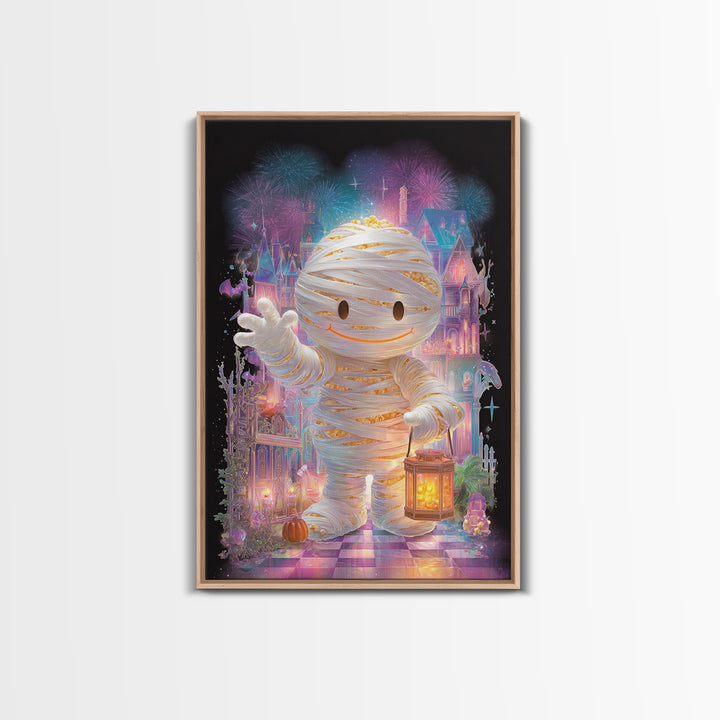 The Popcorn Mummy, Cute Spooky Neon Art, Vertical Wall Art, Framed Canvas Print, Retro Halloween Decor, Neon Wall Art, Spooky Wall Decor
