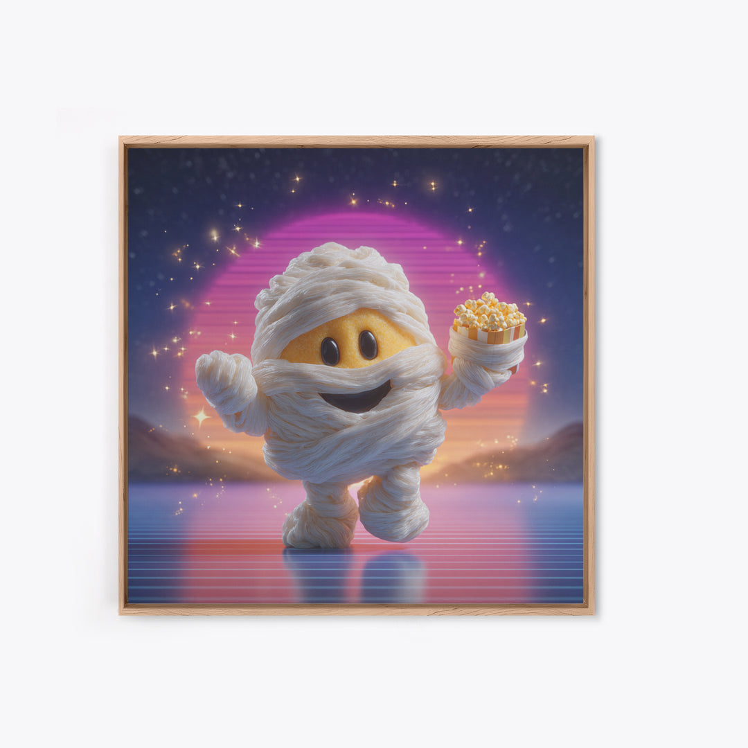 The Popcorn Mummy, 80s Halloween Wall Art, Square Wall Art, Canvas Print, Retro Halloween Decor, Neon Wall Art, Macabre Wall Art