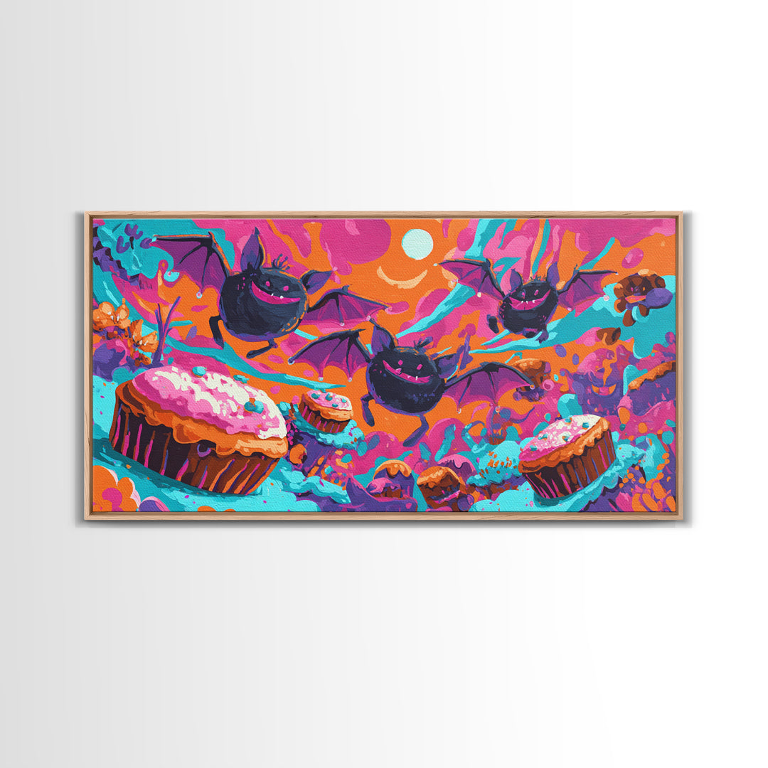 The Brownie Bat Bakery, Cute Spooky Neon Art, Wide Panoramic Art, Framed Canvas Print, Retro Halloween Decor, Neon Wall Art