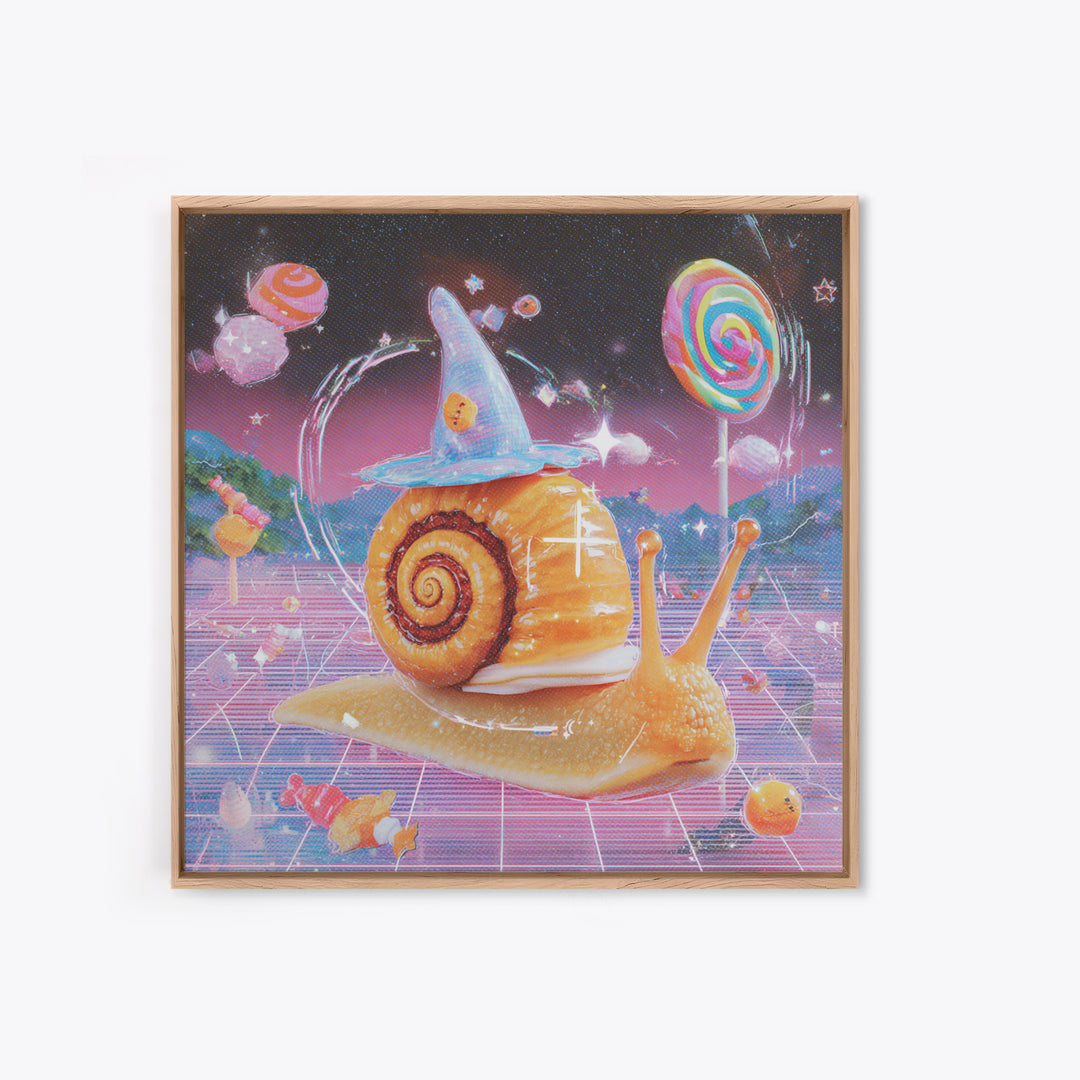 The Cinnamon-Roll Snail Witch, Cute Spooky Neon Art, Square Wall Art, Canvas Print, Retro Halloween Decor, Neon Wall Art