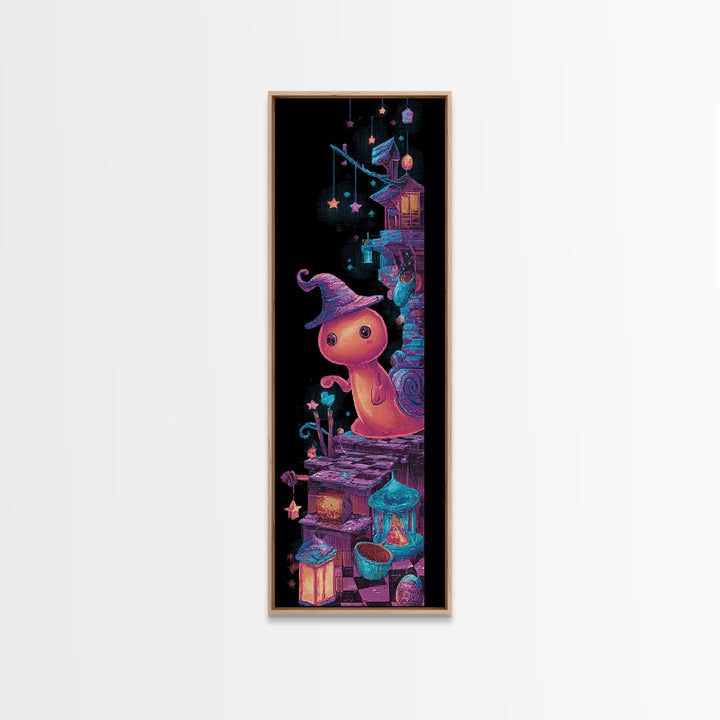 The Cinnamon-Roll Snail Witch, 80s Halloween Wall Art, Tall Narrow Wall Art, Framed Canvas Print, Retro Halloween Decor, Neon Wall Art