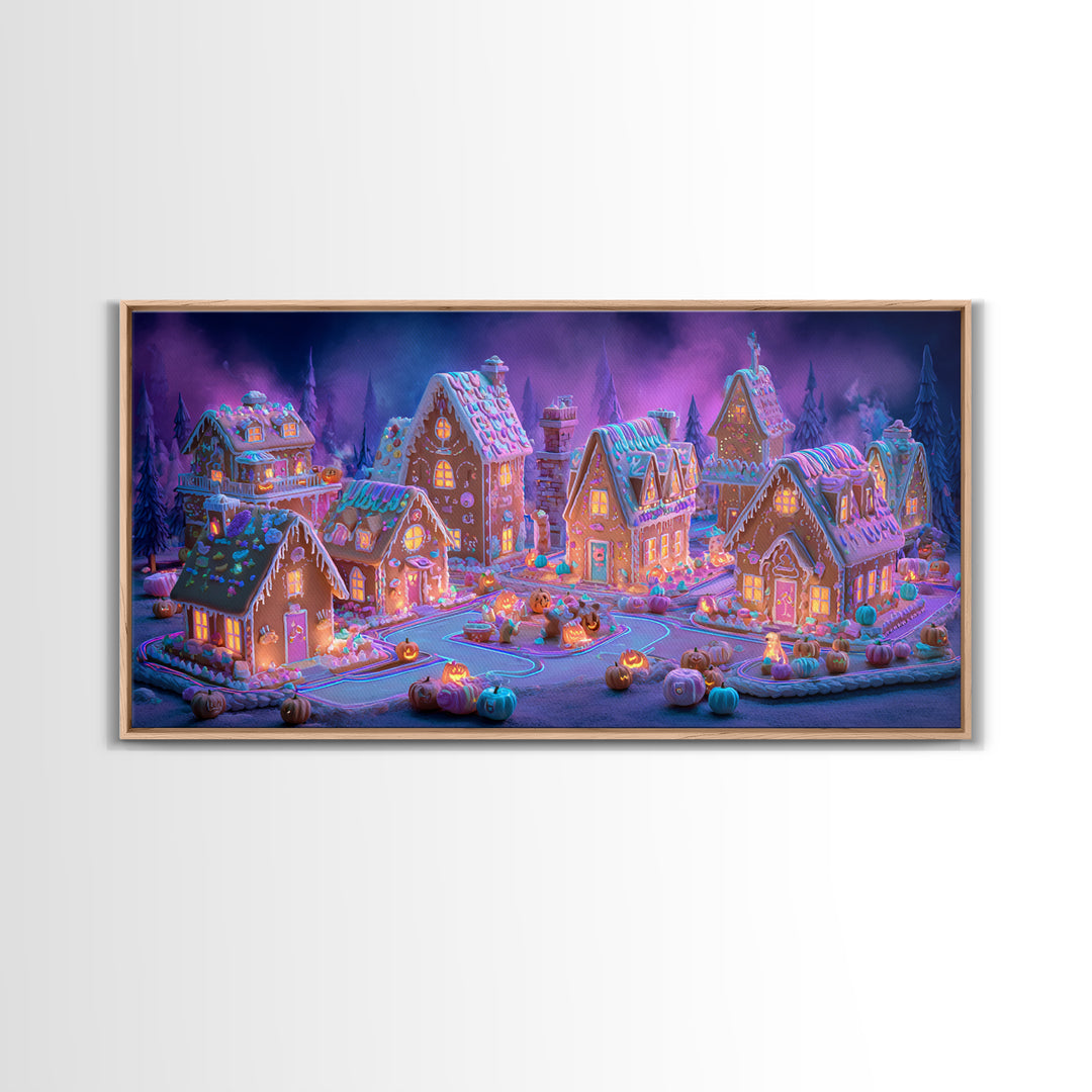 The Halloween Gingerbread Village, Retro Neon Halloween Art, Wide Panoramic Art, Framed Canvas Print, Retro Halloween Decor, Neon Wall Art