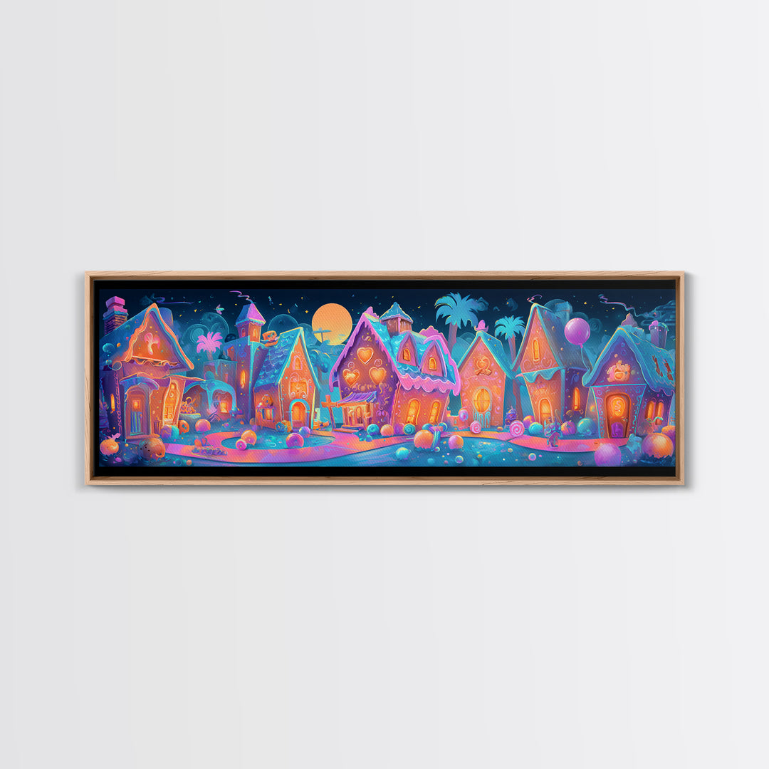 The Halloween Gingerbread Village, Retro Neon Halloween Art, Extra Wide Wall Art, Framed Canvas Print, Retro Halloween Decor, Neon Wall Art