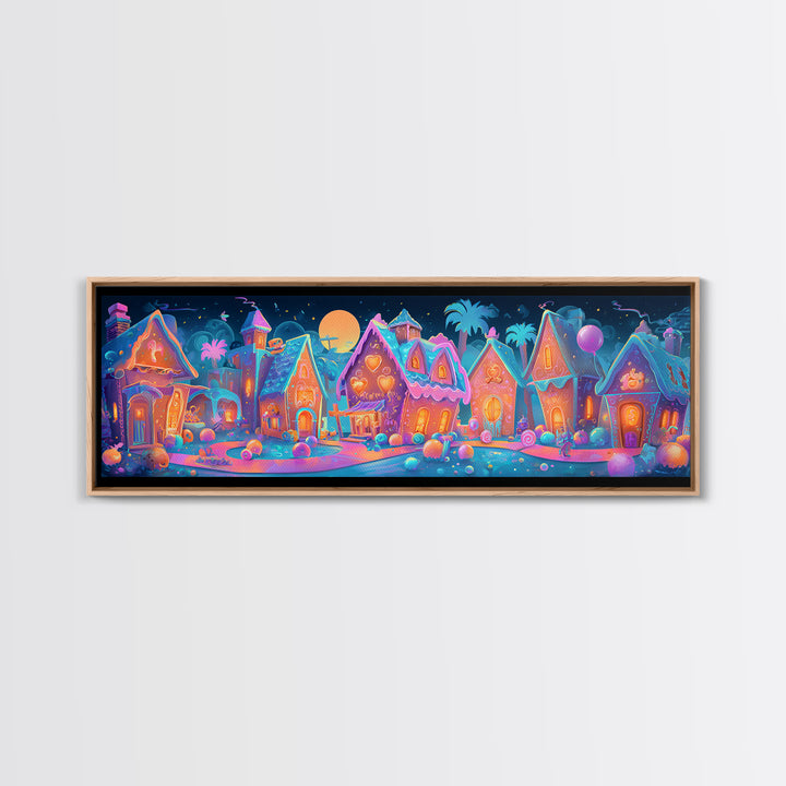 The Halloween Gingerbread Village, Retro Neon Halloween Art, Extra Wide Wall Art, Framed Canvas Print, Retro Halloween Decor, Neon Wall Art