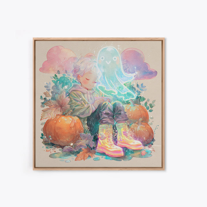 The Ghost In Rain Boots, Cute Spooky Neon Art, Square Wall Art, Framed Canvas Print, Retro Halloween Decor, Neon Wall Art