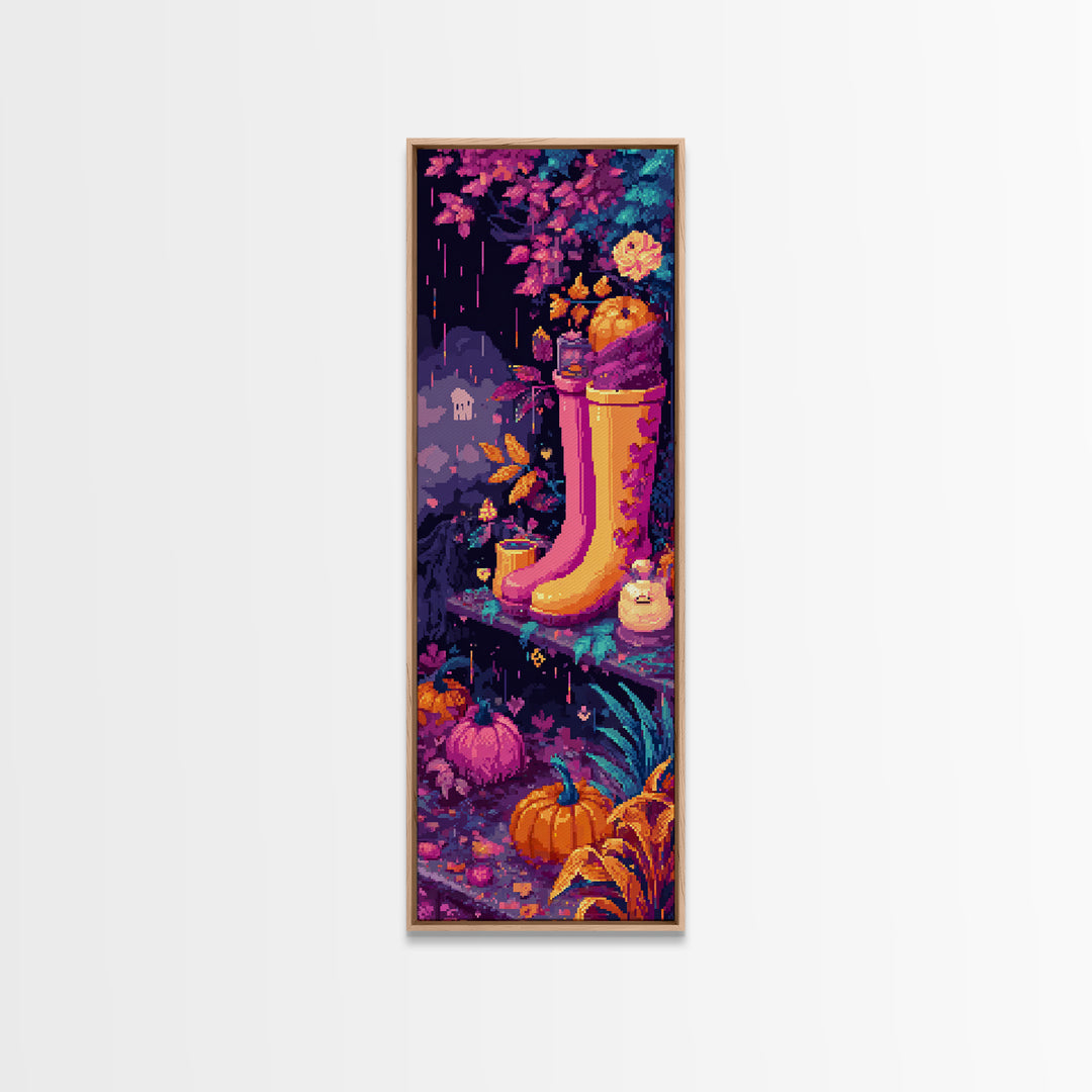 The Ghost In Rain Boots, Retro Neon Halloween Art, Tall Narrow Wall Art, Canvas Print, Retro Halloween Decor, Neon Wall Art