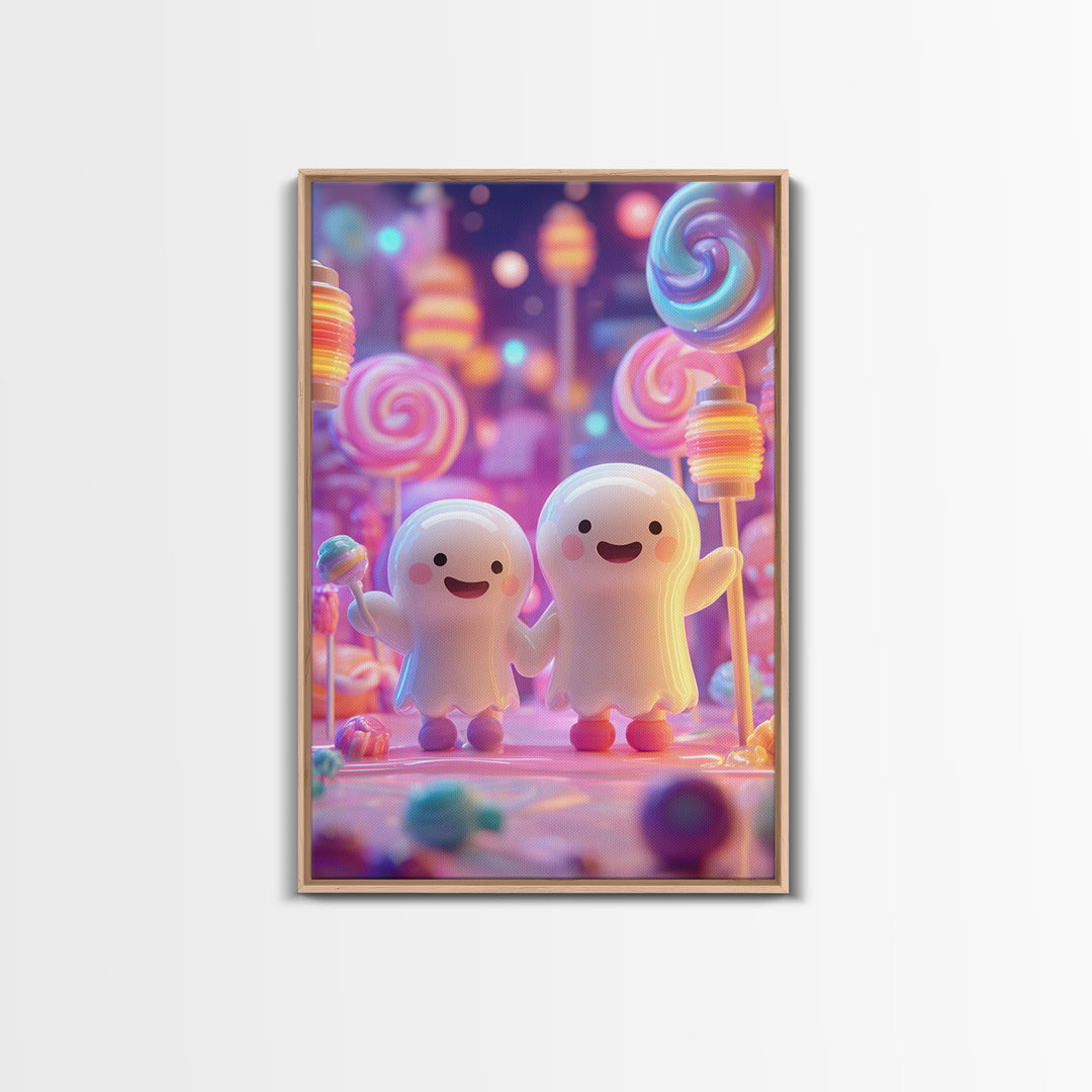 The Ghost Balloon Friend, Cute Spooky Neon Art, Vertical Wall Art, Framed Canvas Print, Retro Halloween Decor, Neon Wall Art