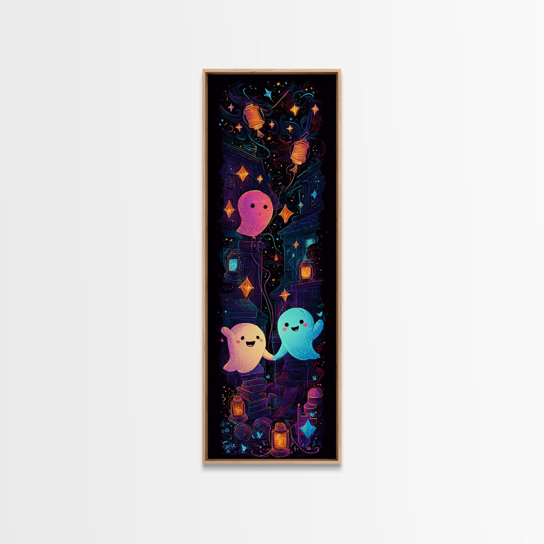 The Ghost Balloon Friend, 80s Halloween Wall Art, Tall Narrow Wall Art, Canvas Print, Retro Halloween Decor, Neon Wall Art