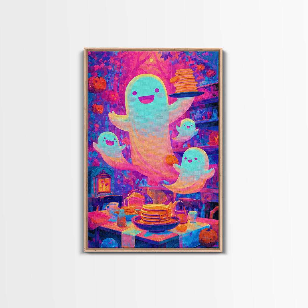 The Ghost Family Breakfast, Synthwave Halloween Art, Vertical Wall Art, Canvas Print, Retro Halloween Decor, Neon Wall Art