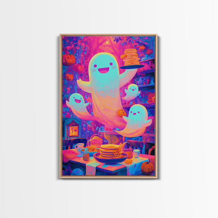 The Ghost Family Breakfast, Synthwave Halloween Art, Vertical Wall Art, Canvas Print, Retro Halloween Decor, Neon Wall Art