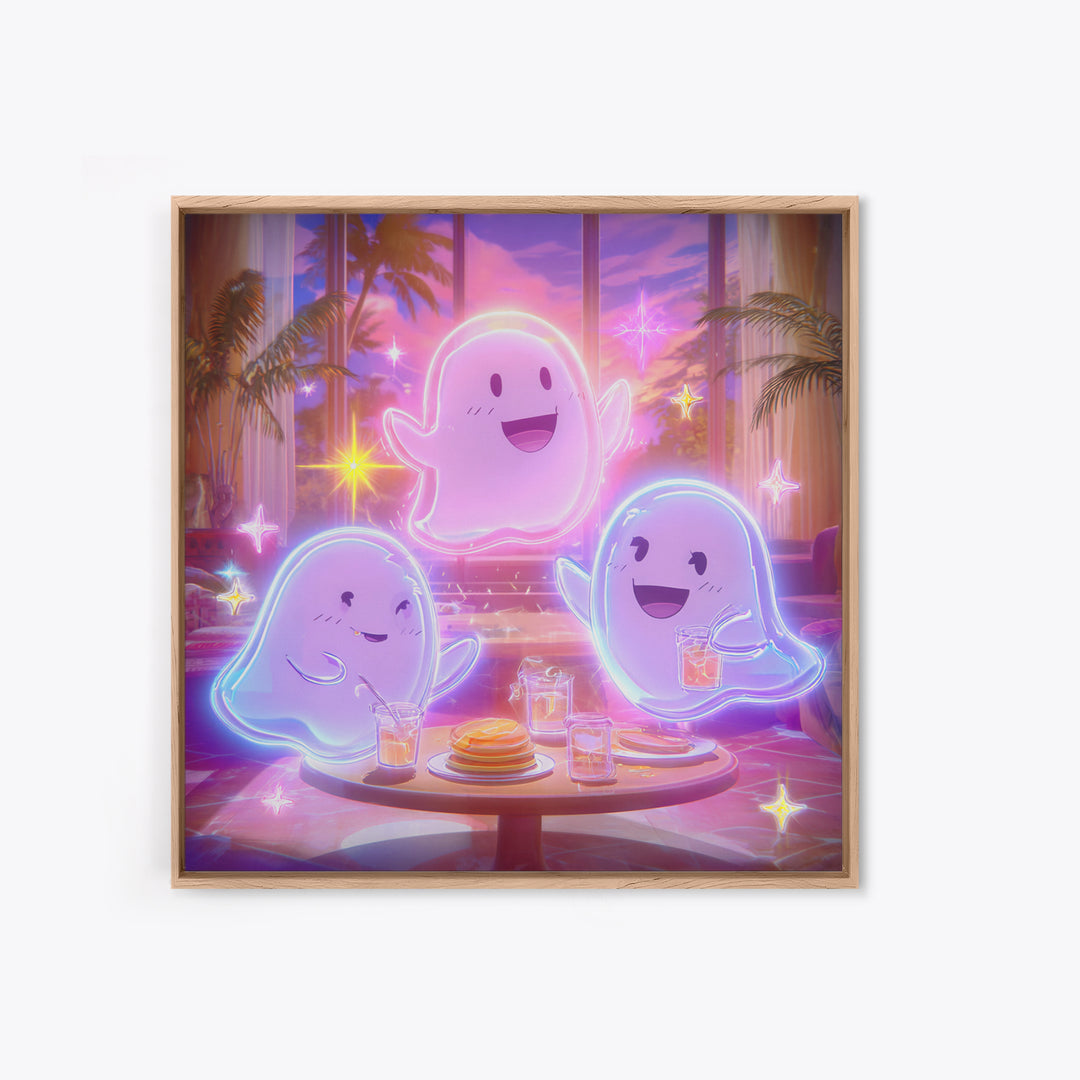 The Ghost Family Breakfast, Retro Neon Halloween Art, Square Wall Art, Framed Canvas Print, Retro Halloween Decor, Neon Wall Art
