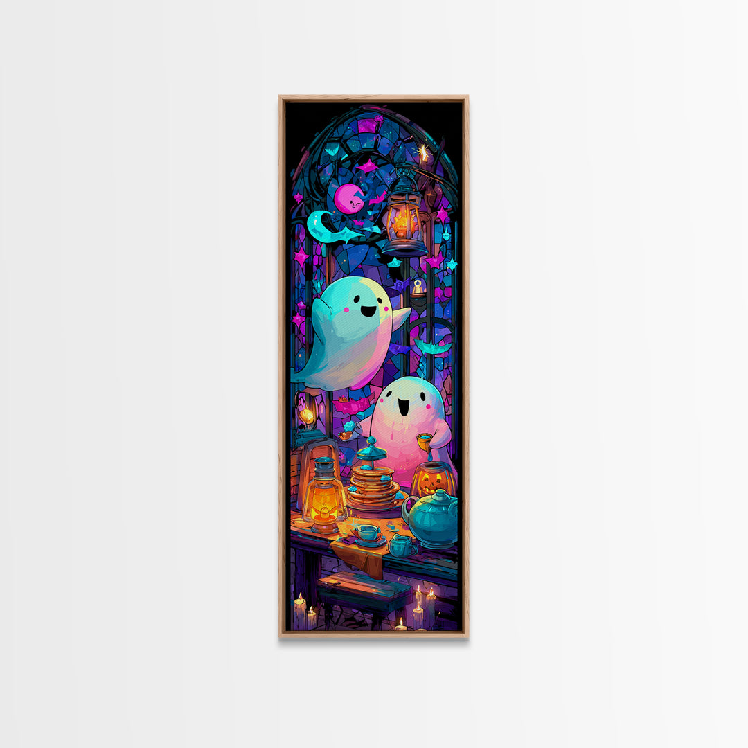 The Ghost Family Breakfast, Vaporwave Halloween Decor, Tall Narrow Wall Art, Canvas Print, Retro Halloween Decor, Neon Wall Art