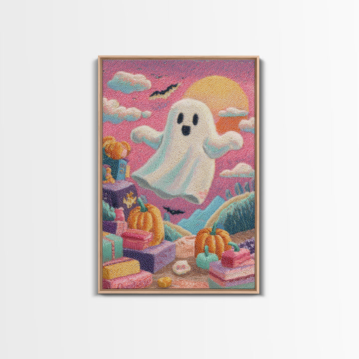 The Ghost Daycare, Retro Neon Halloween Art, Vertical Wall Art, Canvas Print, Retro Halloween Decor, Neon Wall Art, Statement Wall Art