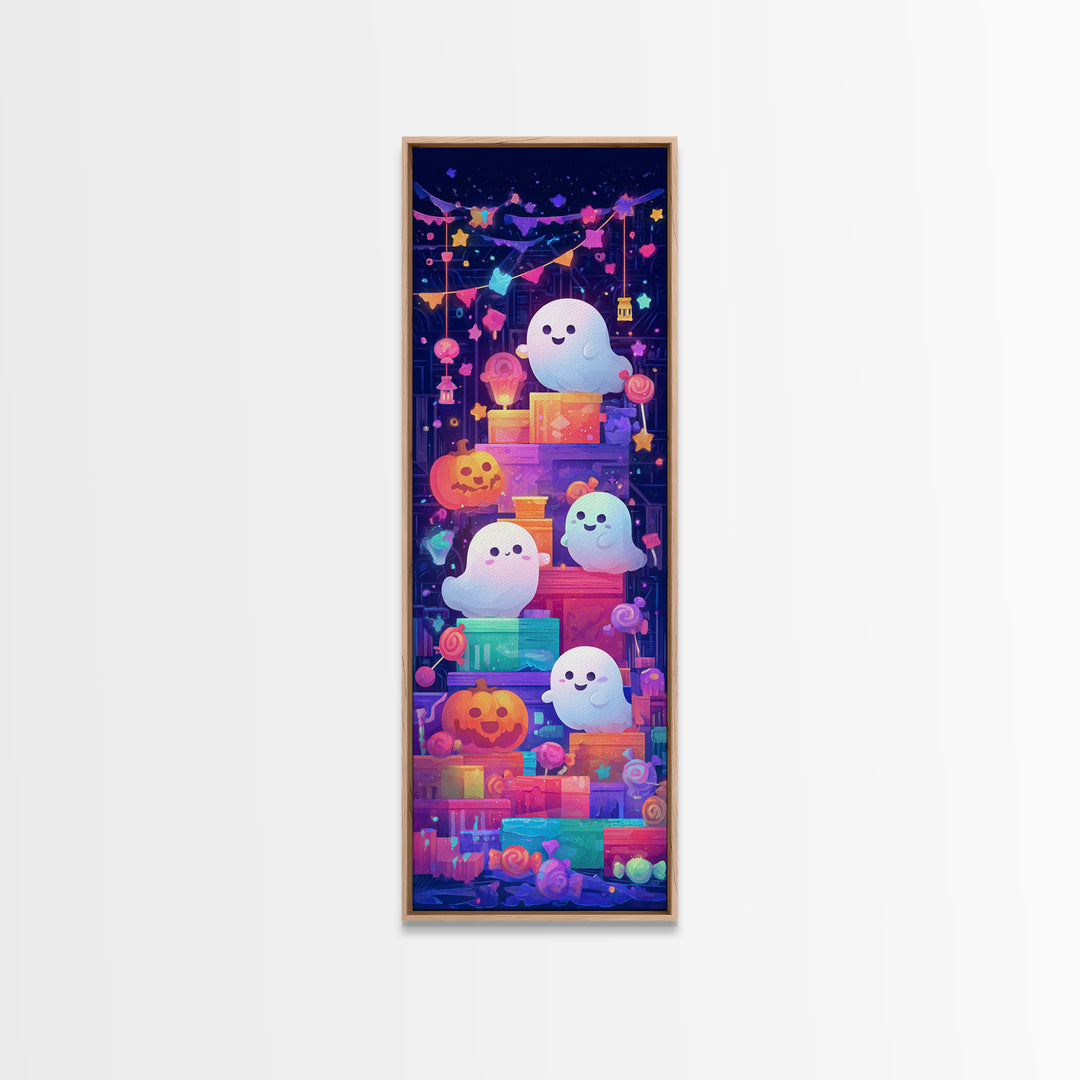 The Ghost Daycare, Retro Neon Halloween Art, Tall Narrow Wall Art, Framed Canvas Print, Retro Halloween Decor, Neon Wall Art