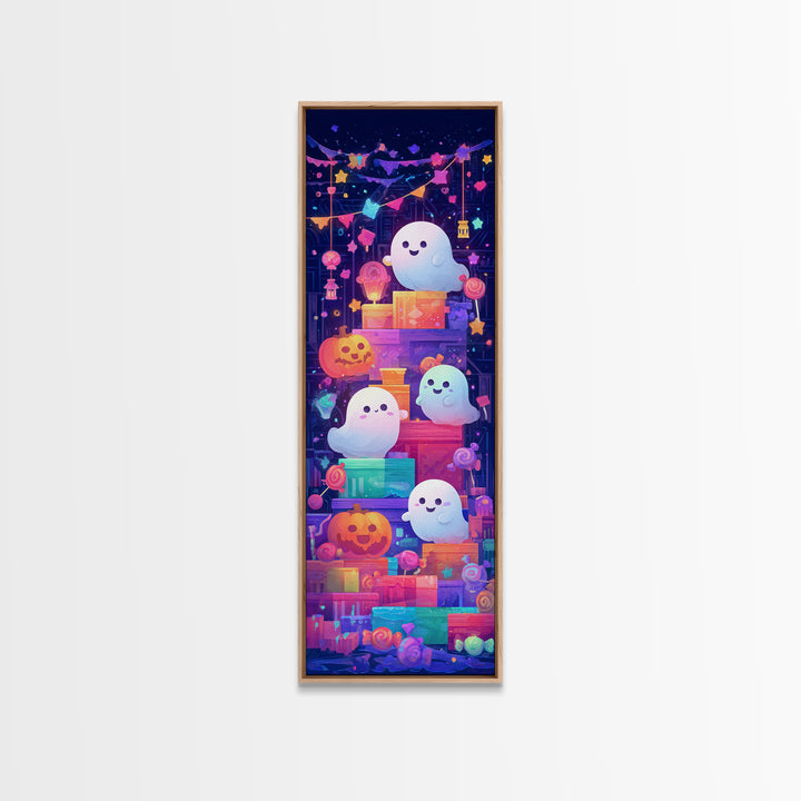 The Ghost Daycare, Retro Neon Halloween Art, Tall Narrow Wall Art, Framed Canvas Print, Retro Halloween Decor, Neon Wall Art