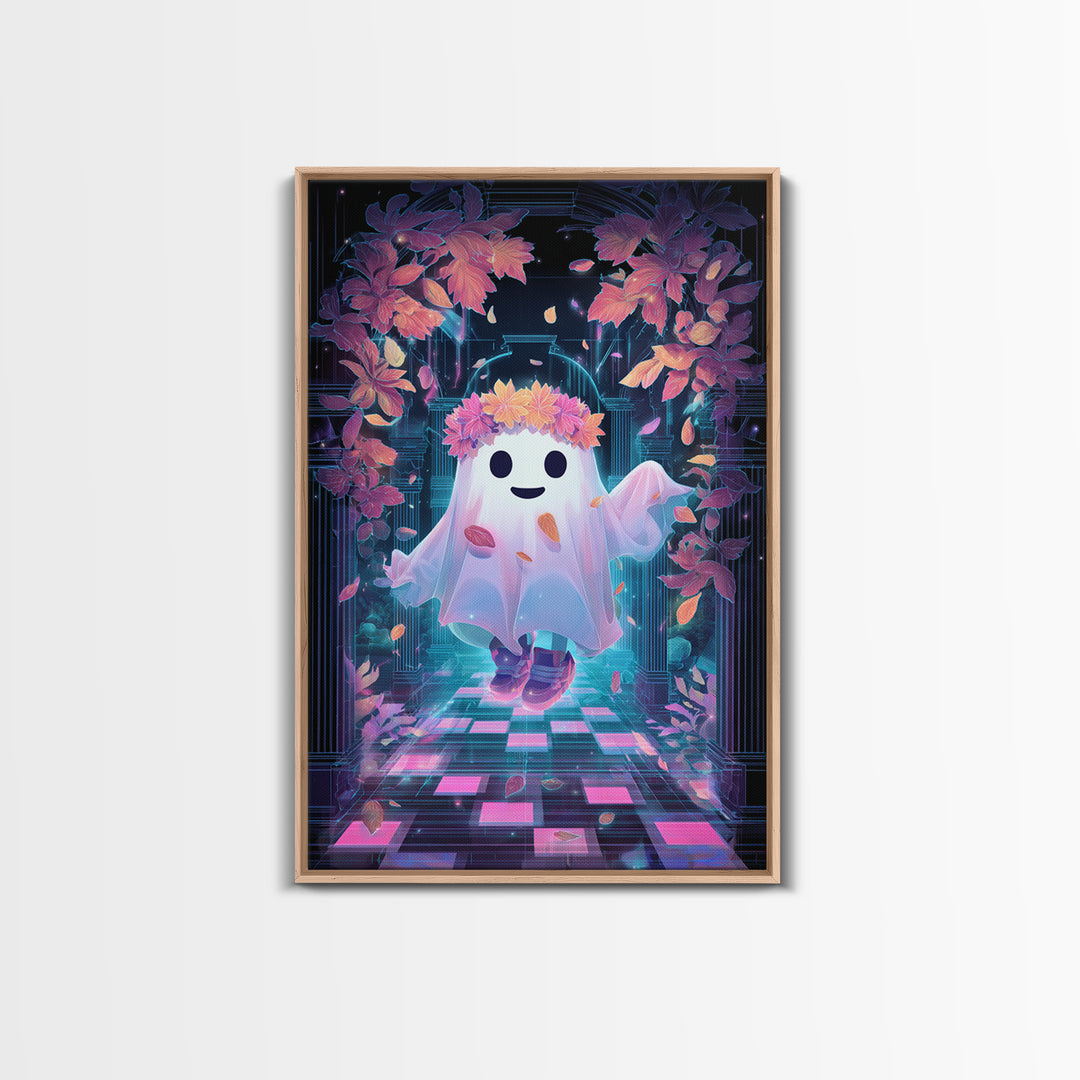 The Ghost With A Flower Crown, Retro Neon Halloween Art, Vertical Wall Art, Framed Canvas Print, Retro Halloween Decor, Neon Wall Art