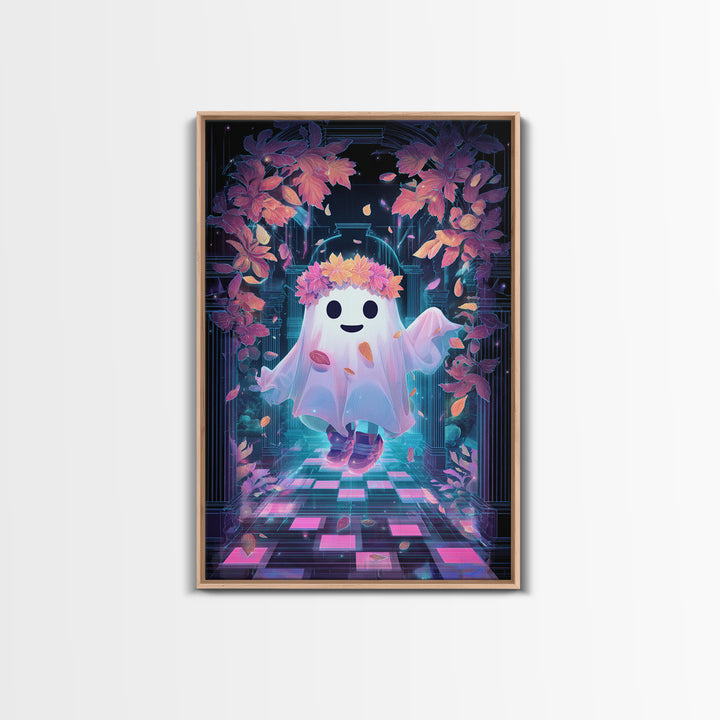 The Ghost With A Flower Crown, Retro Neon Halloween Art, Vertical Wall Art, Framed Canvas Print, Retro Halloween Decor, Neon Wall Art