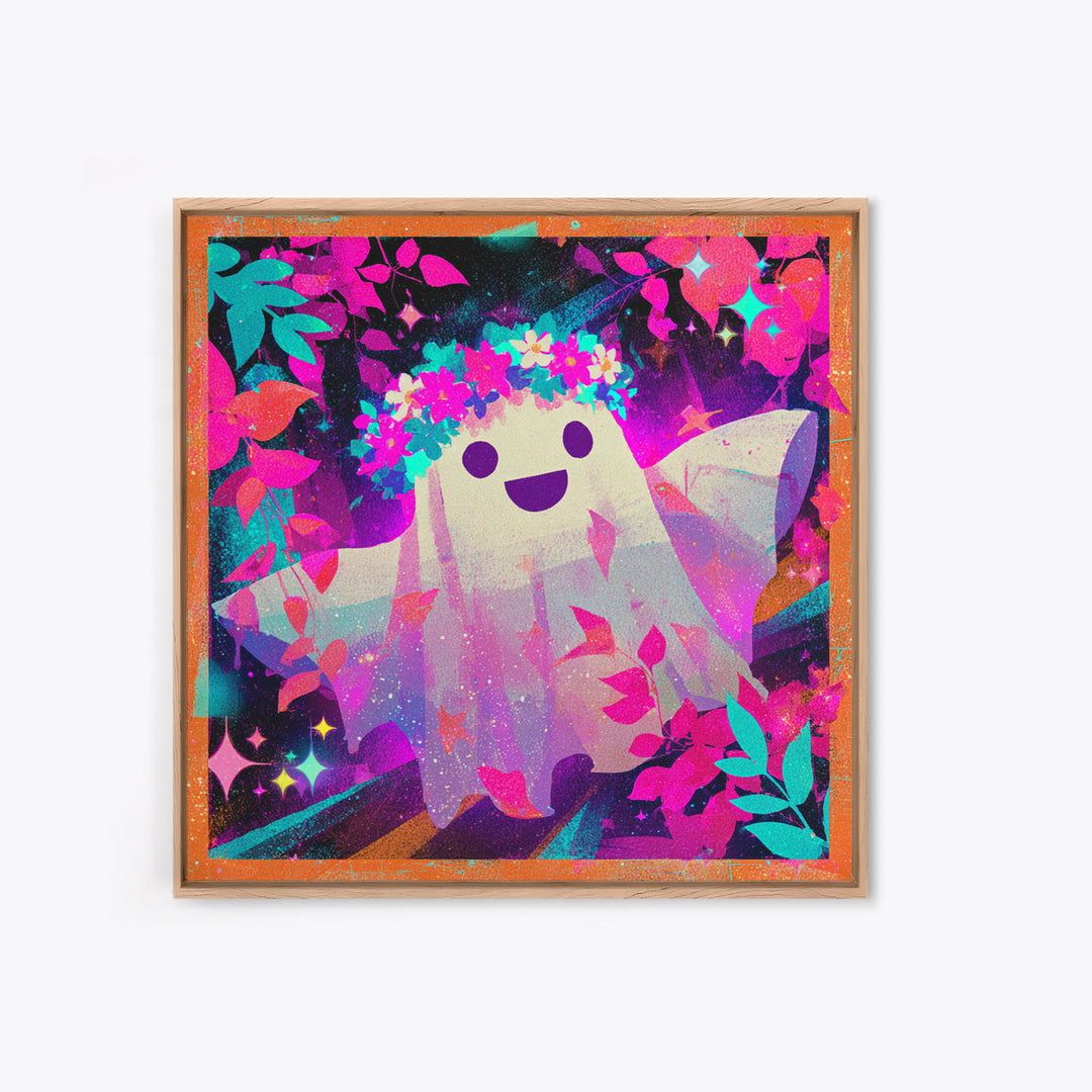 The Ghost With A Flower Crown, Vaporwave Halloween Decor, Square Wall Art, Canvas Print, Retro Halloween Decor, Neon Wall Art