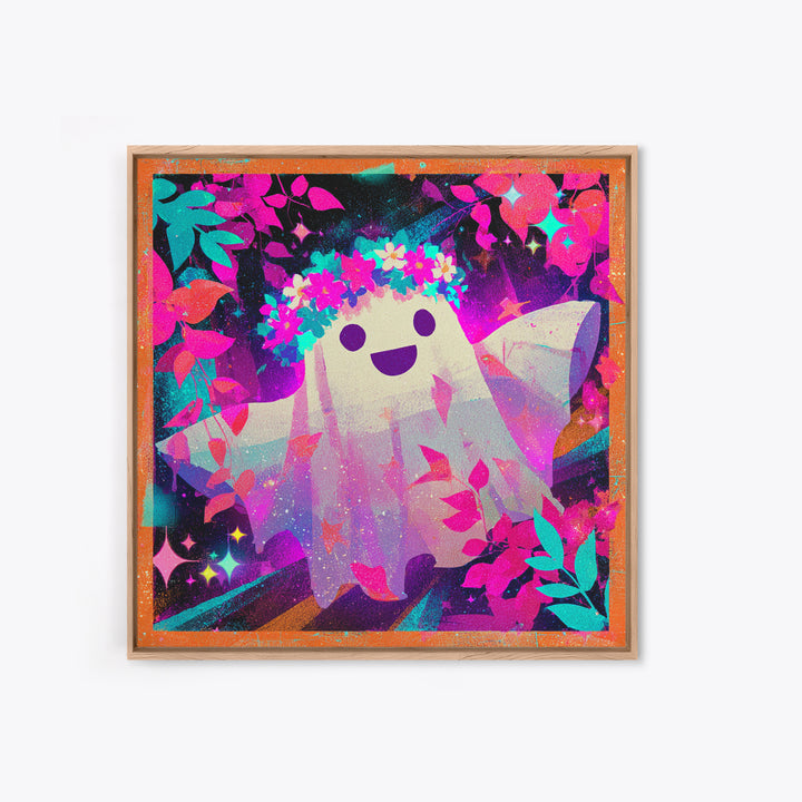 The Ghost With A Flower Crown, Vaporwave Halloween Decor, Square Wall Art, Canvas Print, Retro Halloween Decor, Neon Wall Art