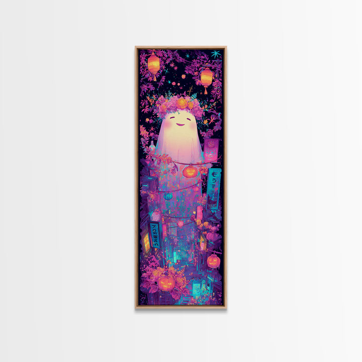 The Ghost With A Flower Crown, Synthwave Halloween Art, Tall Narrow Wall Art, Canvas Print, Retro Halloween Decor, Neon Wall Art