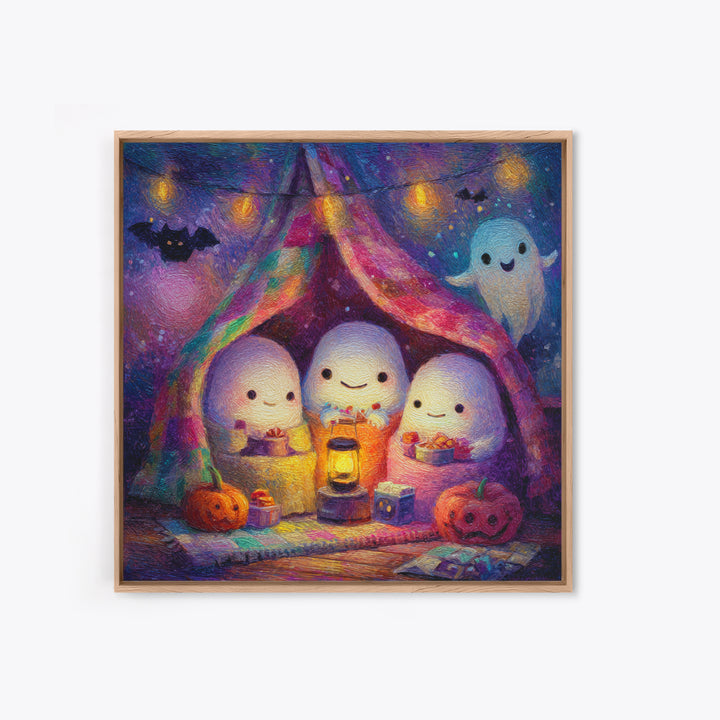 The Sleepy Blanket Ghost, Cute Spooky Neon Art, Square Wall Art, Canvas Print, Retro Halloween Decor, Neon Wall Art, Seasonal Home Decor