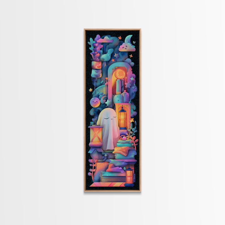 The Sleepy Blanket Ghost, Synthwave Halloween Art, Tall Narrow Wall Art, Canvas Print, Retro Halloween Decor, Neon Wall Art