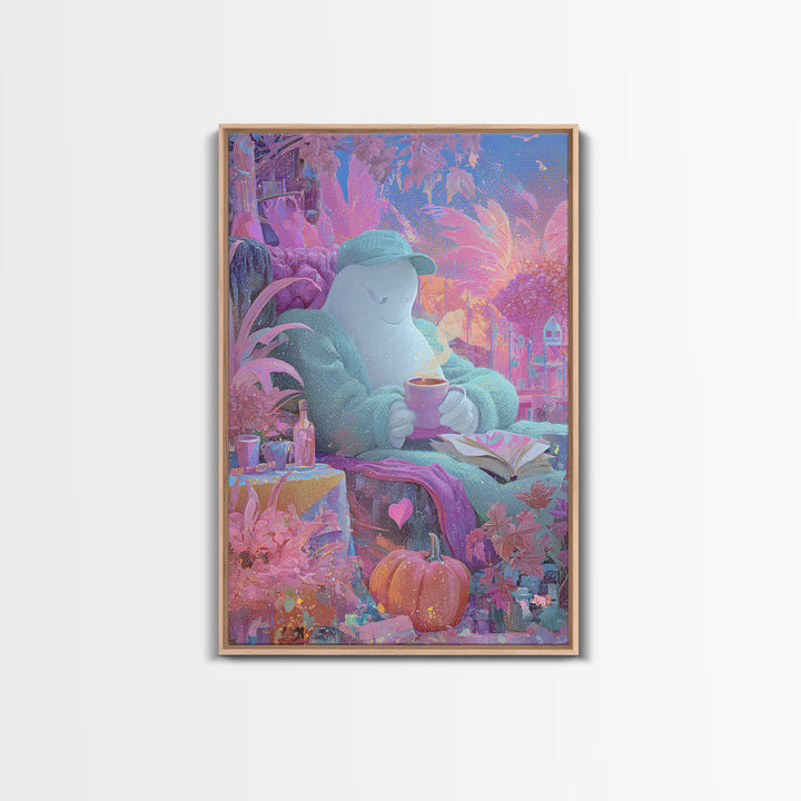 The Ghost Mail Carrier, 80s Halloween Wall Art, Vertical Wall Art, Framed Canvas Print, Retro Halloween Decor, Neon Wall Art