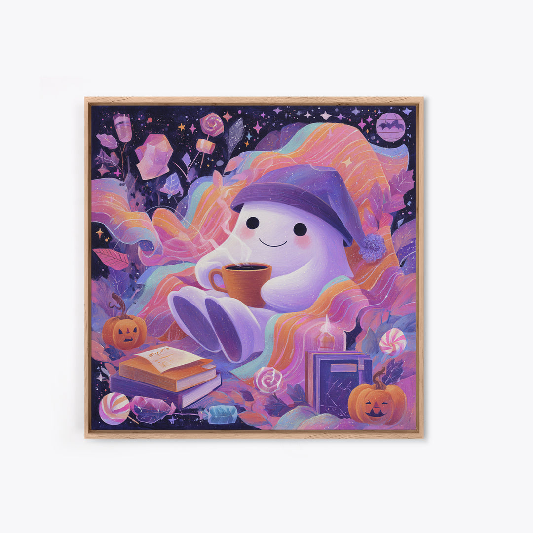 The Ghost Mail Carrier, Cute Spooky Neon Art, Square Wall Art, Framed Canvas Print, Retro Halloween Decor, Neon Wall Art