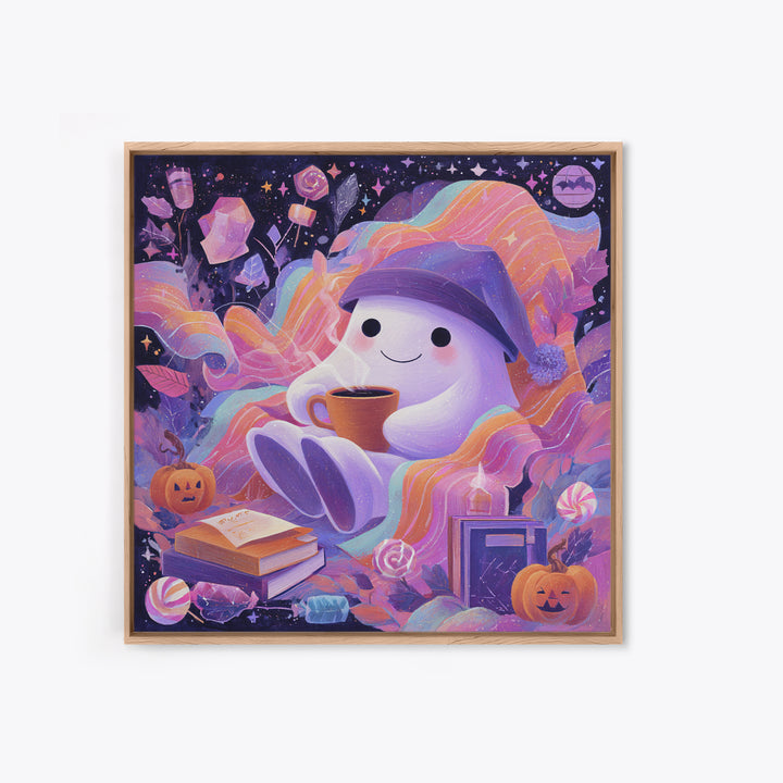 The Ghost Mail Carrier, Cute Spooky Neon Art, Square Wall Art, Framed Canvas Print, Retro Halloween Decor, Neon Wall Art