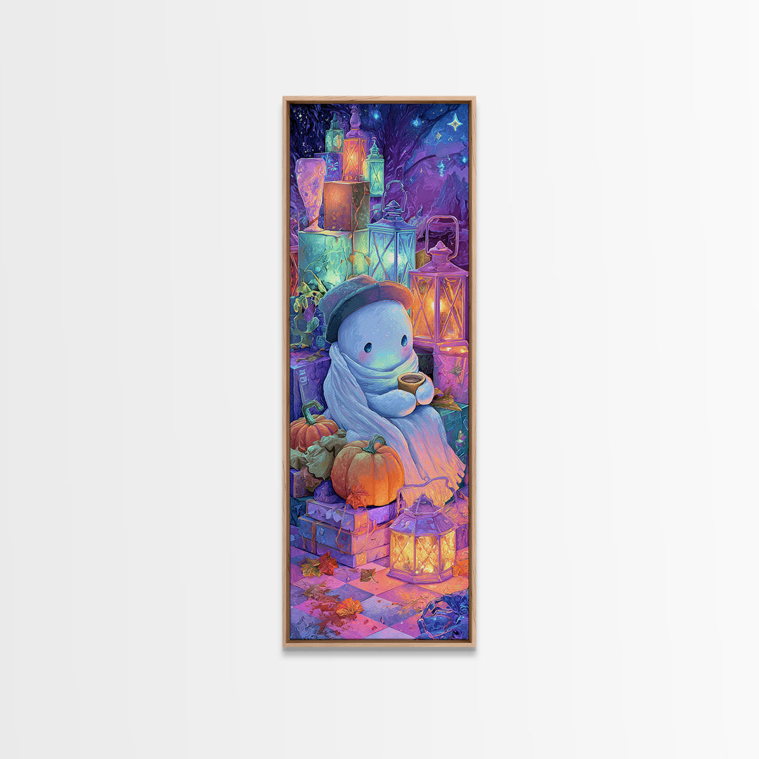 The Ghost Mail Carrier, Vaporwave Halloween Decor, Tall Narrow Wall Art, Framed Canvas Print, Retro Halloween Decor, Neon Wall Art