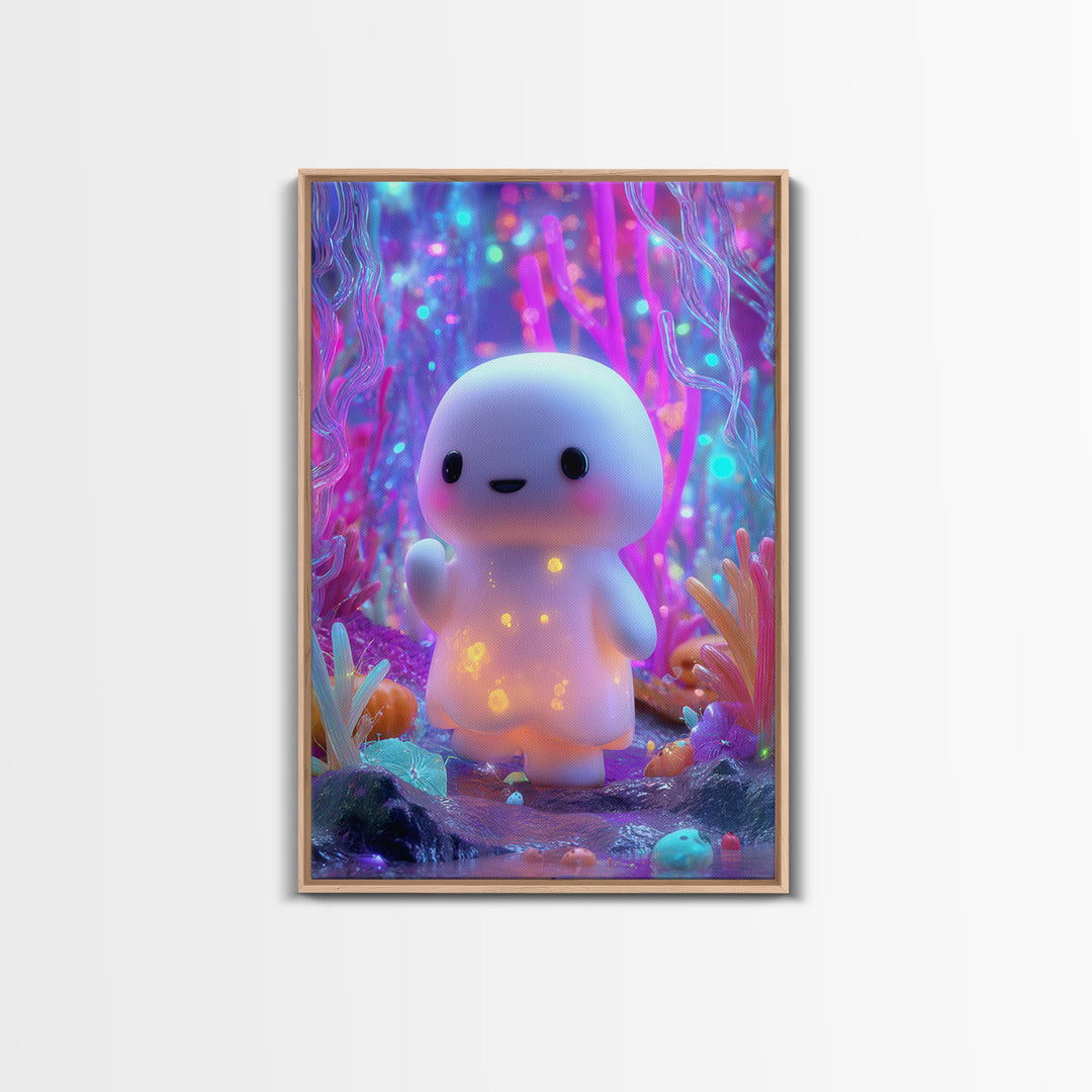 The Ghost And Firefly Friends, Synthwave Halloween Art, Vertical Wall Art, Framed Canvas Print, Retro Halloween Decor, Neon Wall Art