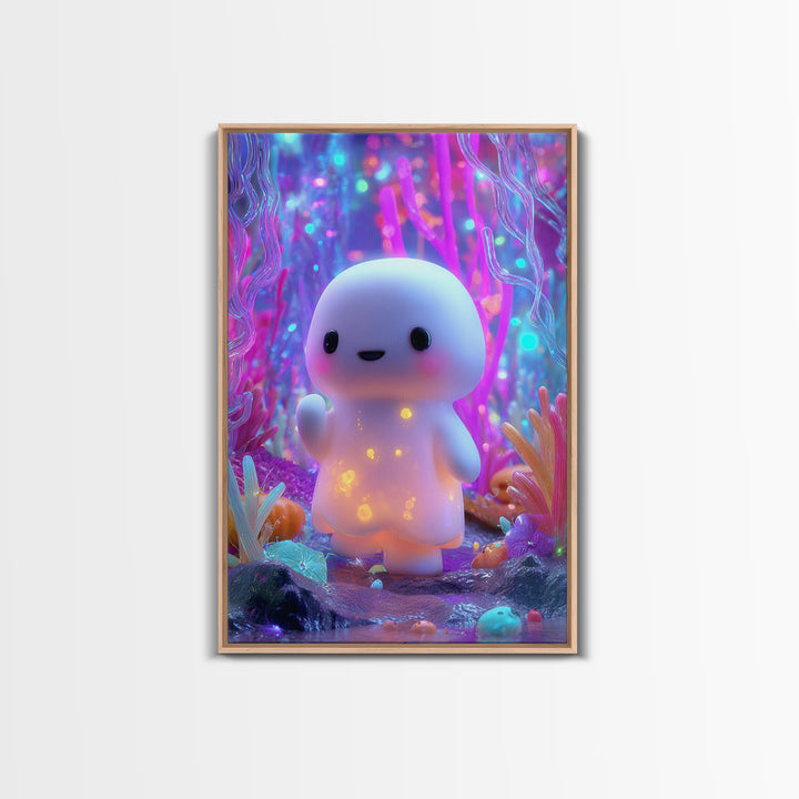 The Ghost And Firefly Friends, Synthwave Halloween Art, Vertical Wall Art, Framed Canvas Print, Retro Halloween Decor, Neon Wall Art