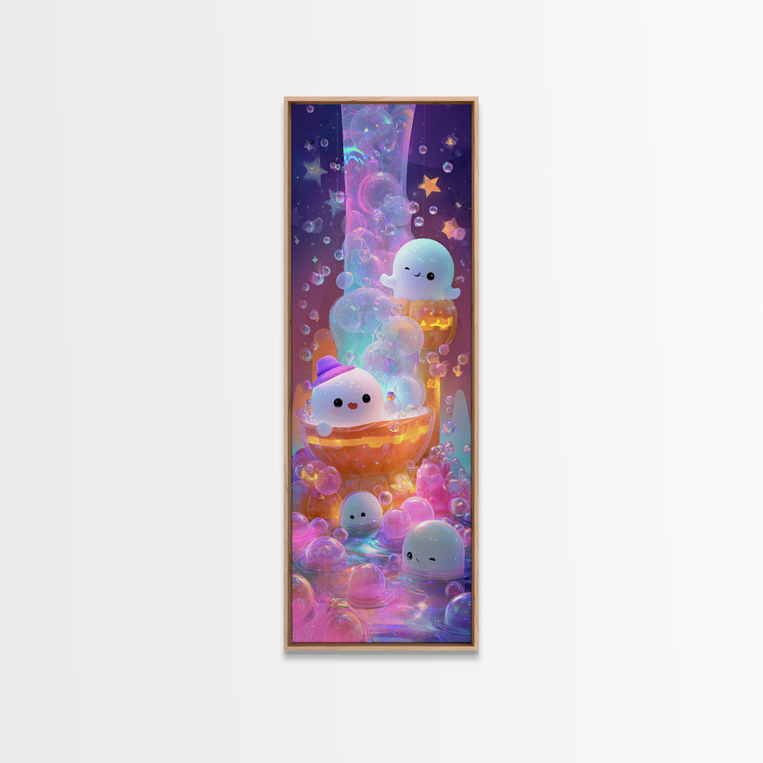 The Ghost Bubble Bath, Cute Spooky Neon Art, Tall Narrow Wall Art, Canvas Print, Retro Halloween Decor, Neon Wall Art, Seasonal Home Decor