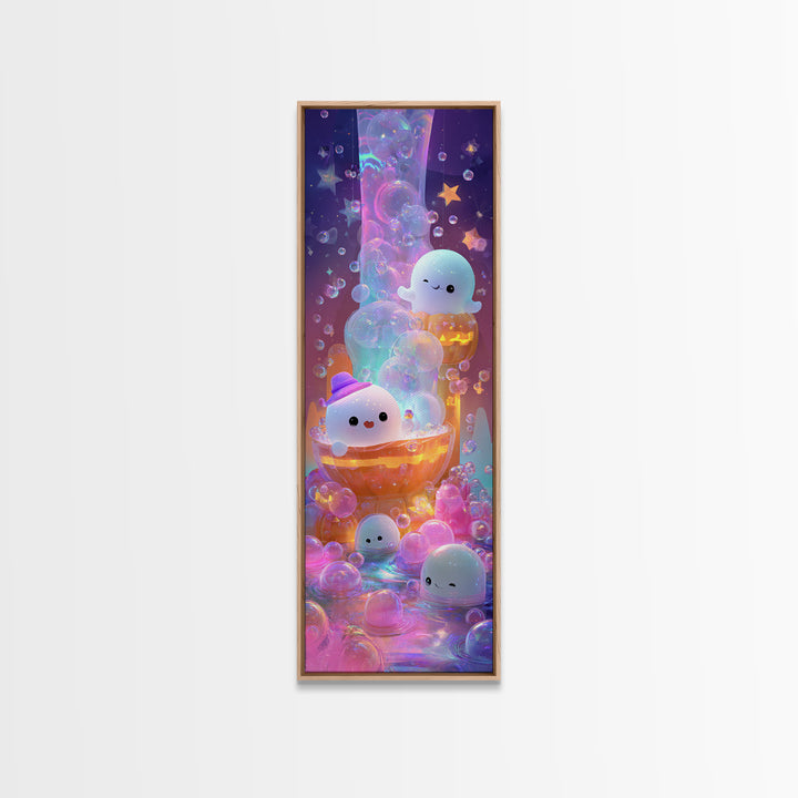 The Ghost Bubble Bath, Cute Spooky Neon Art, Tall Narrow Wall Art, Canvas Print, Retro Halloween Decor, Neon Wall Art, Seasonal Home Decor