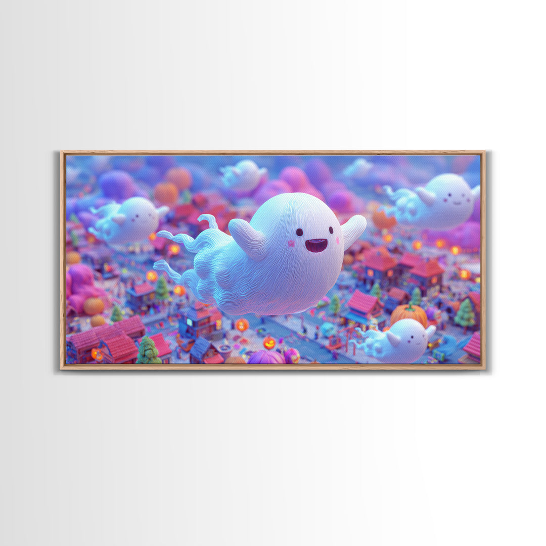 The Ghost Kite Festival, 80s Halloween Wall Art, Wide Panoramic Art, Framed Canvas Print, Retro Halloween Decor, Neon Wall Art